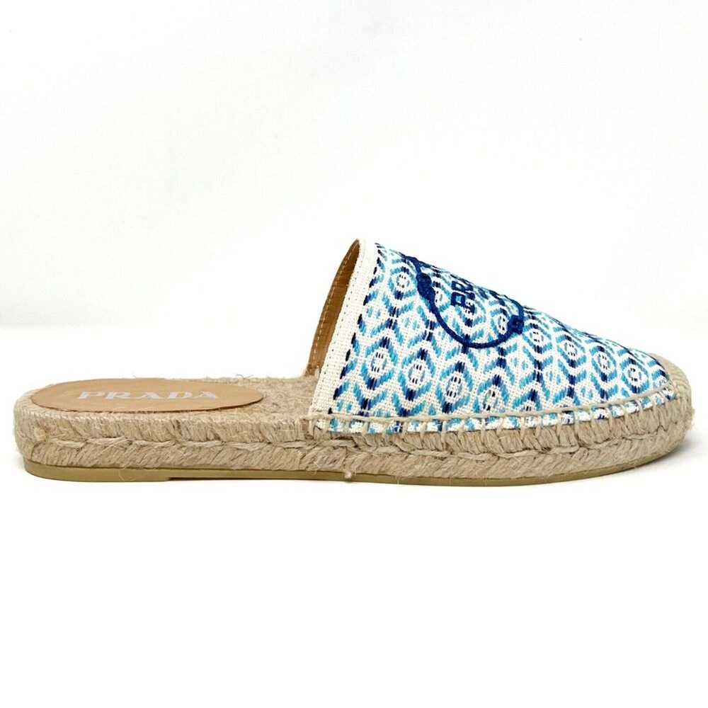 Prada Blue Embroidered Logo Pattern Espadrille Slides Size 38 - Picture 4 of 9